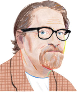 A semi-realistic portrait painting of Dan Chaon looking directly at the viewer.