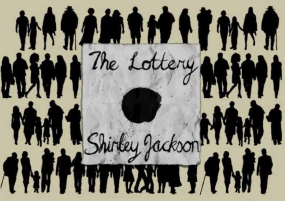Image of a crowd with The Lottery, Shirley Jackson written on a piece of paper with a black dot at the center of it. 