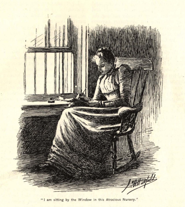 Cover Sketch of The Yellow Wallpaper. Details a woman sitting by a window, writing in her journal.