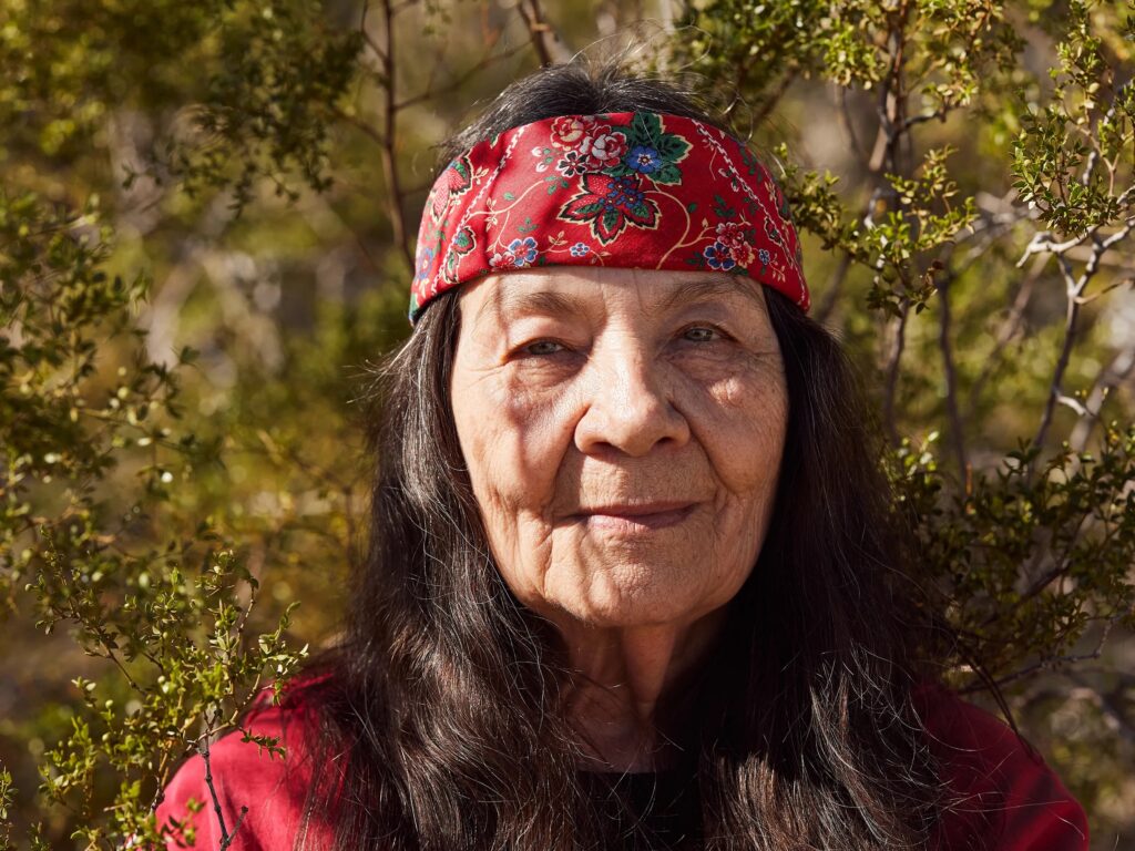 A portrait of Leslie Marmon Silko, a Native American writer of Laguna Pueblo heritage.