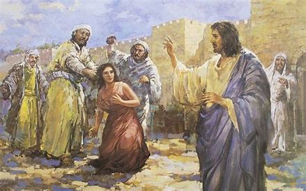 Stoning of the adulterous woman in the Bible as Jesus comes to save her.